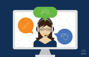 Illustration of a person with a headset hosting a webinar.